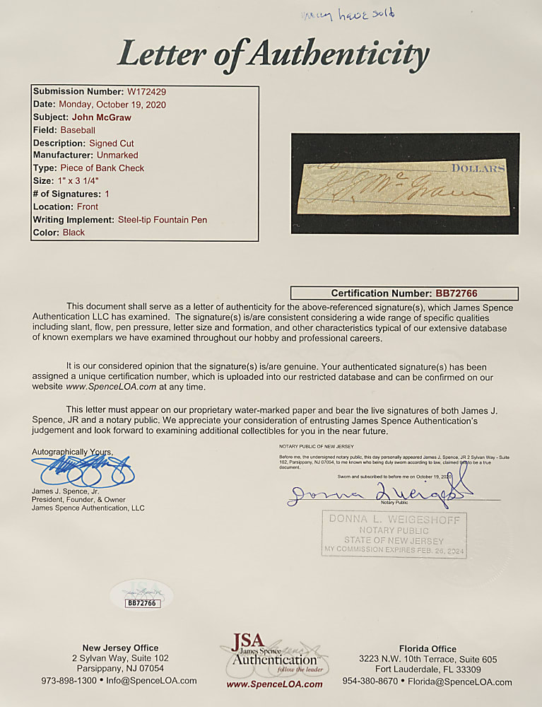 John McGraw Cut Signature - JSA