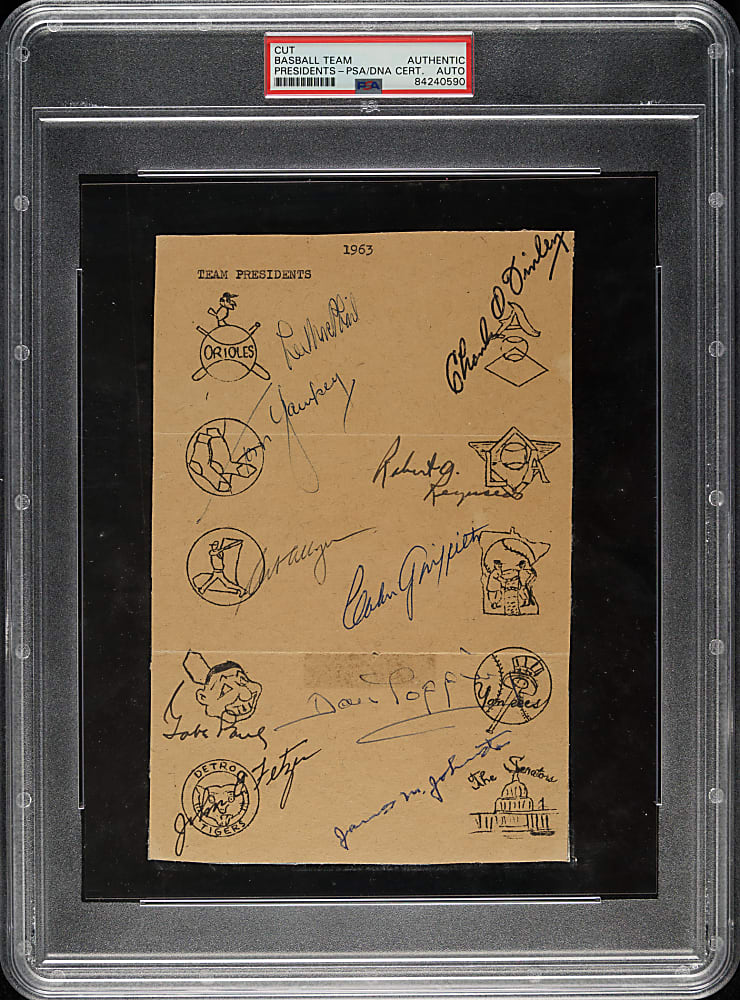 1963 American League Team Presidents Multi-Signed Page with Yawkey, MacPhail, Topping, and Finley - PSA/DNA