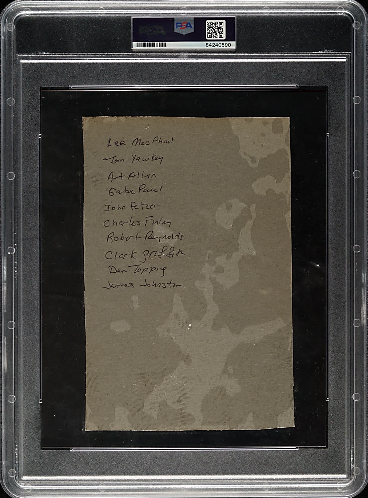 1963 American League Team Presidents Multi-Signed Page with Yawkey, MacPhail, Topping, and Finley - PSA/DNA