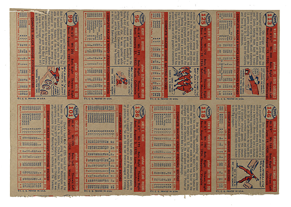 1957 Topps Uncut Eight-Card Panel Including Al Kaline