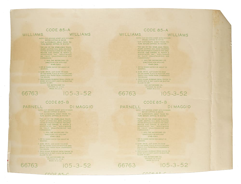 1952 Star-Cal Decals Type 2 Boston Red Sox Eight-Picture Uncut Proof Panel Including Two Ted Williams