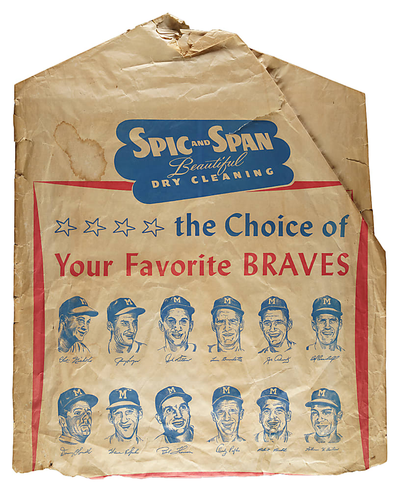 Circa 1954 Spic and Span Dry Cleaners Advertising Bag Featuring Milwaukee Braves Including Warren Spahn