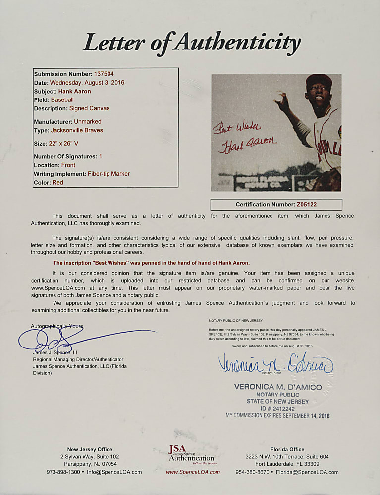 Hank Aaron Signed Canvas - JSA
