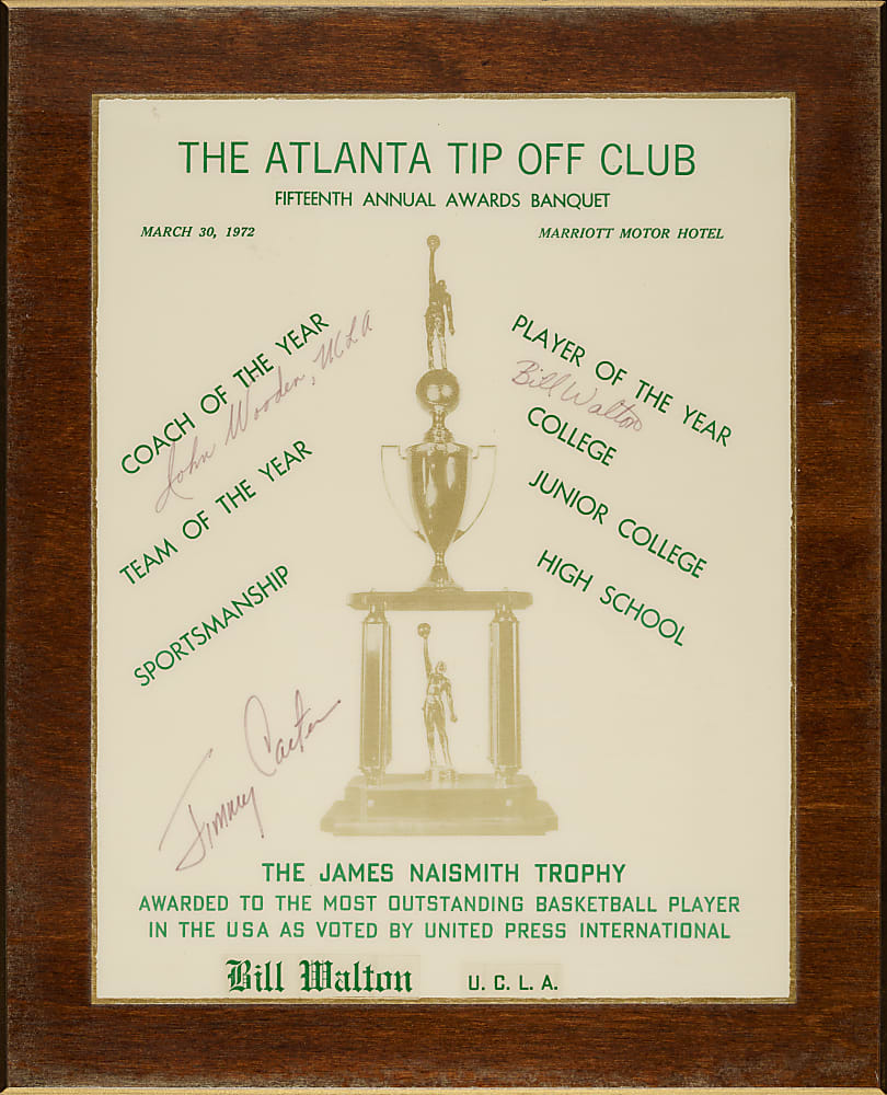 1972 The Atlanta Tip Off Club Banquet "The James Naismith Trophy" Award Program Cover Signed by Bill Walton, John Wooden, and Jimmy Carter - JSA