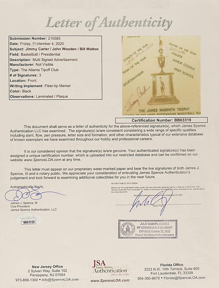 1972 The Atlanta Tip Off Club Banquet "The James Naismith Trophy" Award Program Cover Signed by Bill Walton, John Wooden, and Jimmy Carter - JSA
