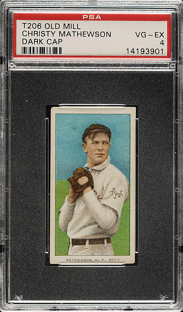 1909-1911 T206 White Border Christy Mathewson Dark Cap PSA VG-EX 4 - Old Mill Back