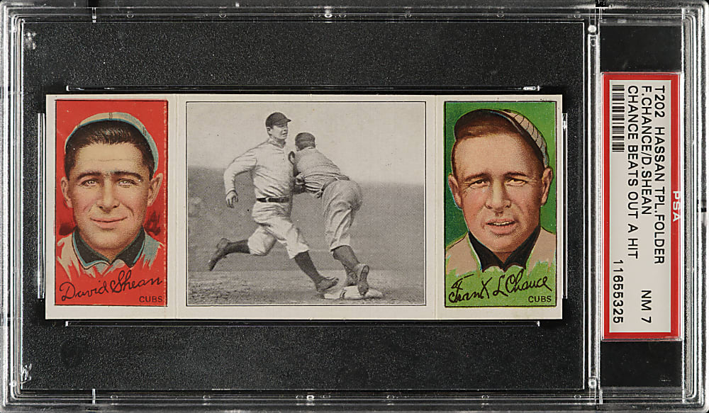 1912 T202 Hassan Triple Folder "Chance Beats Out a Hit" Frank Chance/Shean PSA NM 7