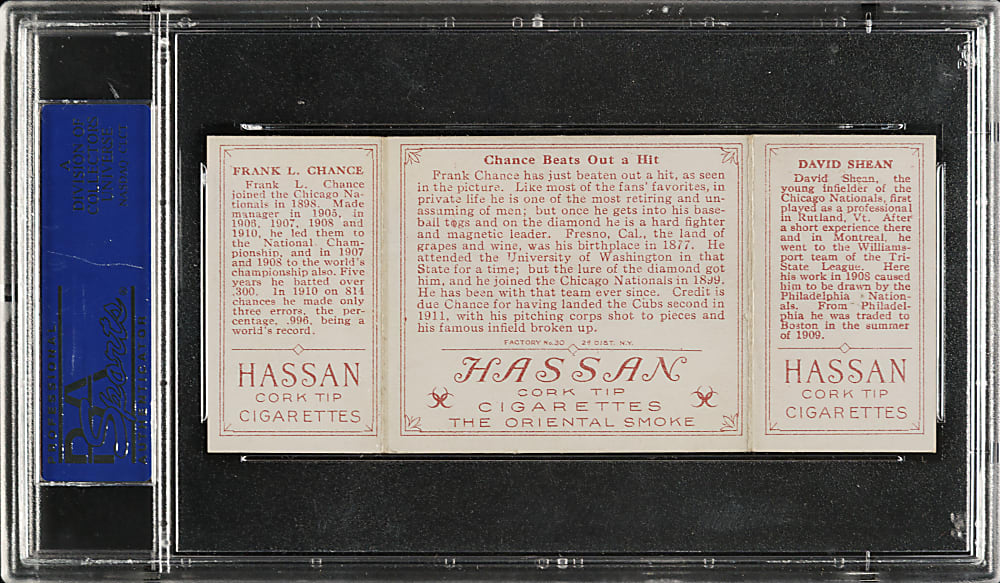 1912 T202 Hassan Triple Folder "Chance Beats Out a Hit" Frank Chance/Shean PSA NM 7