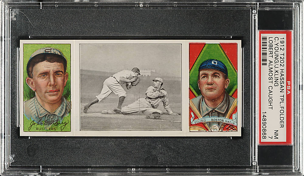 1912 T202 Hassan Triple Folder "Lobert Almost Caught" Cy Young/Kling PSA NM 7