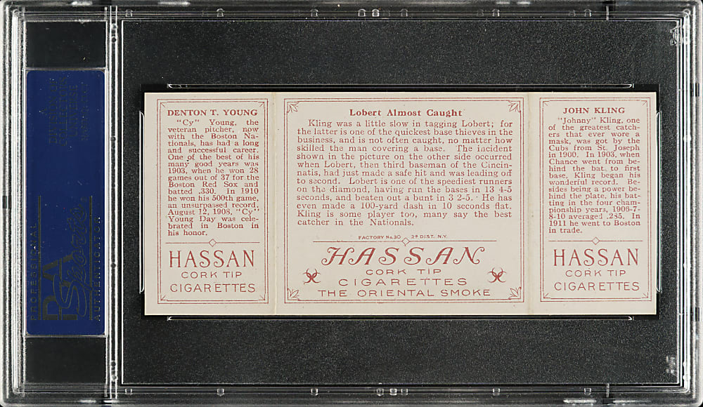 1912 T202 Hassan Triple Folder "Lobert Almost Caught" Cy Young/Kling PSA NM 7