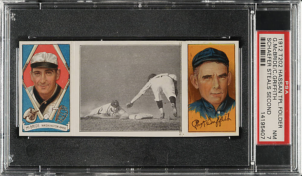 1912 T202 Hassan Triple Folder "Schaefer Steals Second" Clark Griffith/McBride PSA NM 7