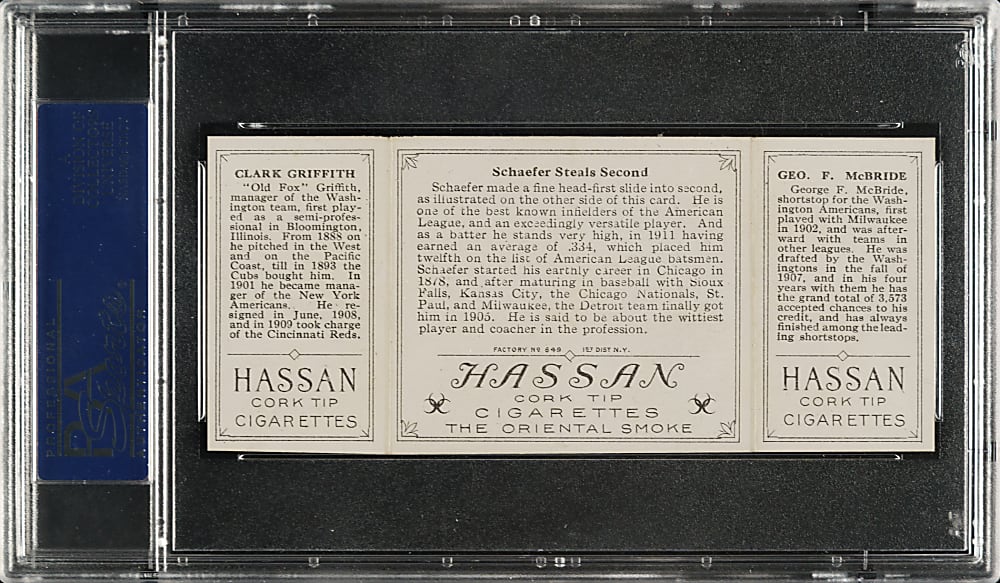 1912 T202 Hassan Triple Folder "Schaefer Steals Second" Clark Griffith/McBride PSA NM 7