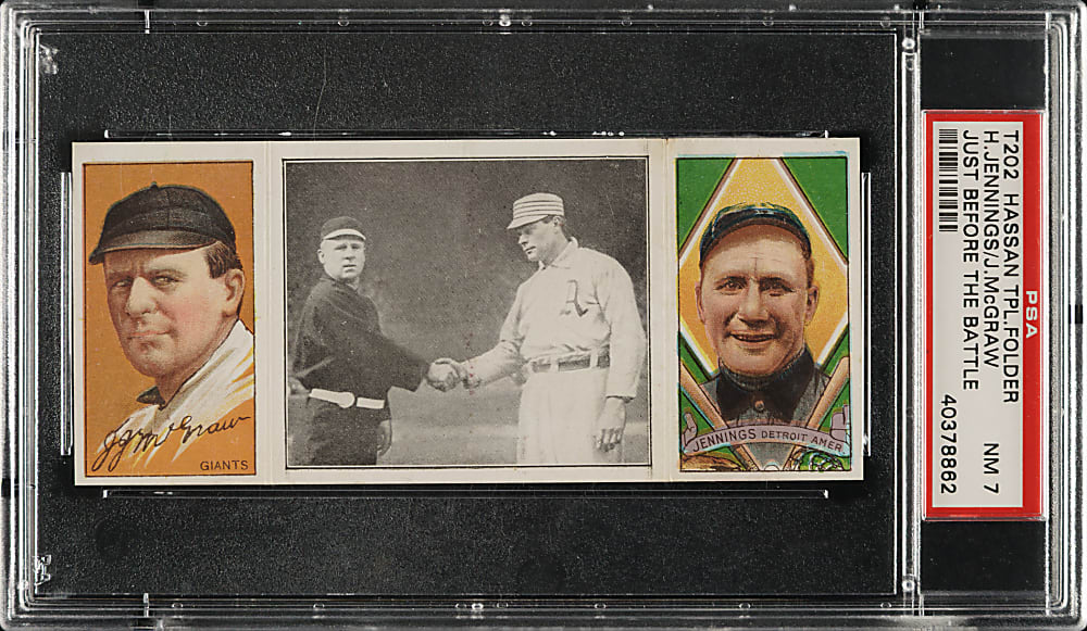 1912 T202 Hassan Triple Folder "Just Before The Battle" Hugh Jennings/John McGraw PSA NM 7