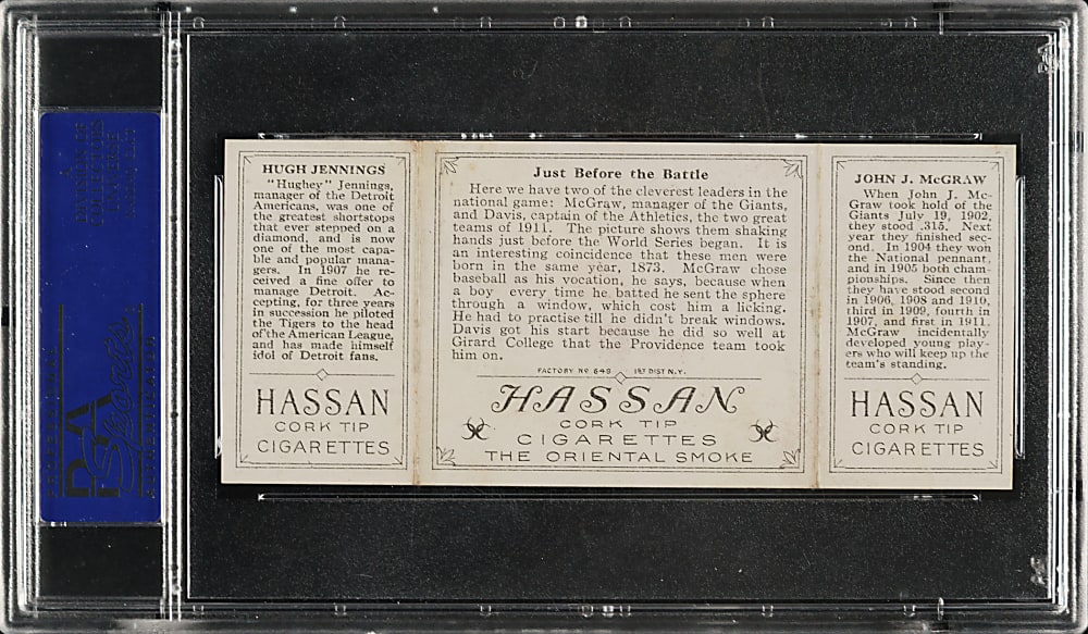 1912 T202 Hassan Triple Folder "Just Before The Battle" Hugh Jennings/John McGraw PSA NM 7