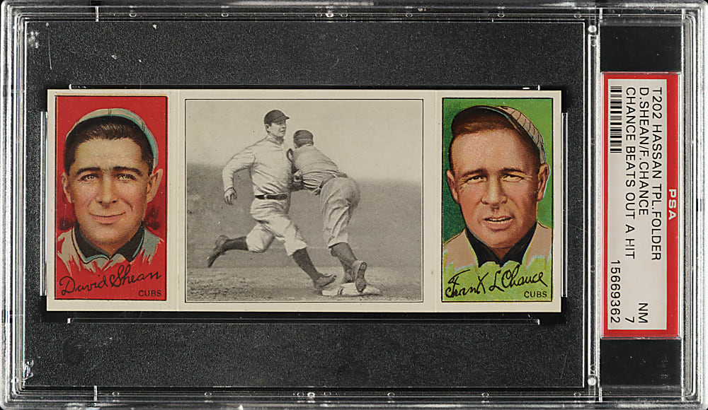 1912 T202 Hassan Triple Folder "Chance Beats Out a Hit" Frank Chance/Shean PSA NM 7