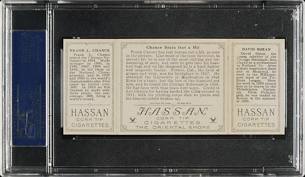 1912 T202 Hassan Triple Folder "Chance Beats Out a Hit" Frank Chance/Shean PSA NM 7