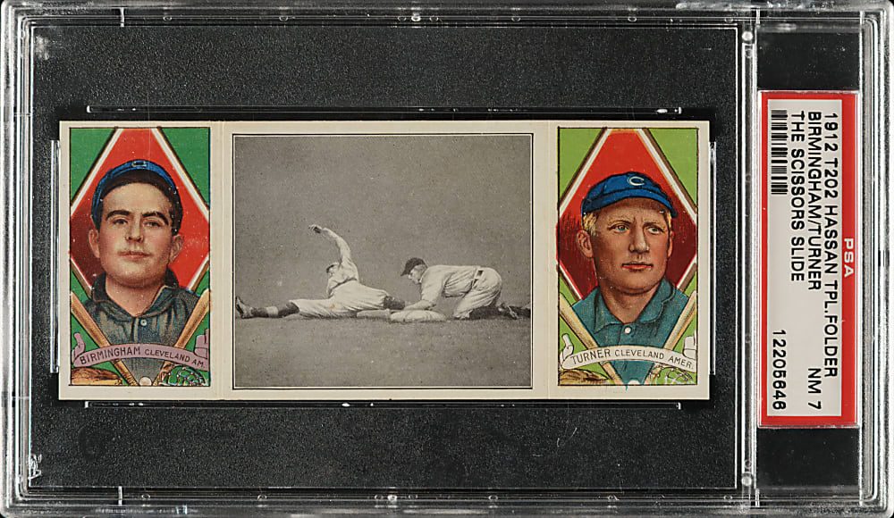 1912 T202 Hassan Triple Folder "The Scissors Slide" Birmingham/Turner PSA NM 7