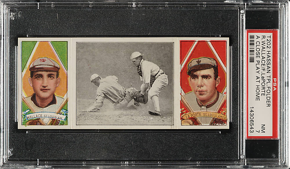 1912 T202 Hassan Triple Folder "A Close Play At Home" Bobby Wallace/LaPorte PSA NM 7