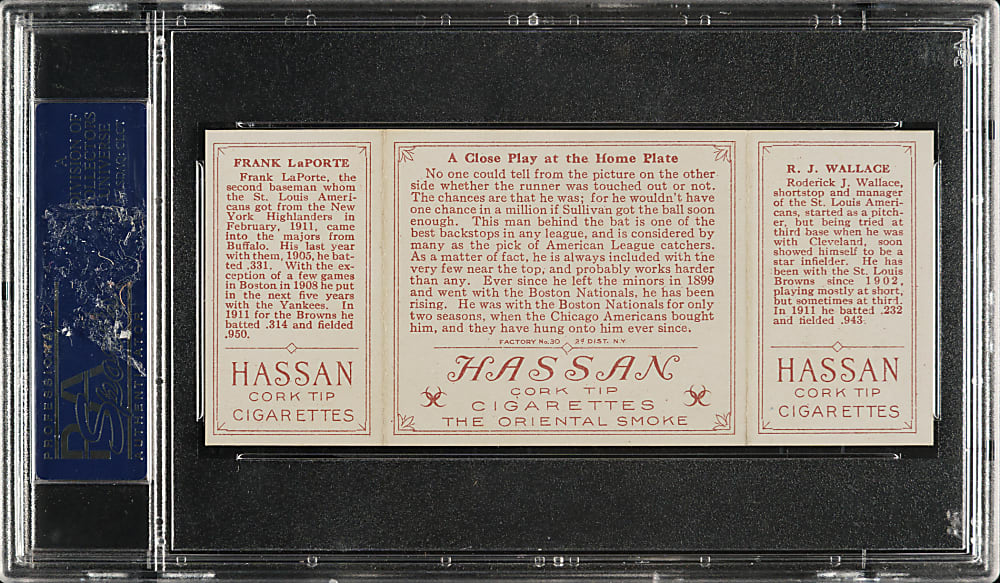 1912 T202 Hassan Triple Folder "A Close Play At Home" Bobby Wallace/LaPorte PSA NM 7
