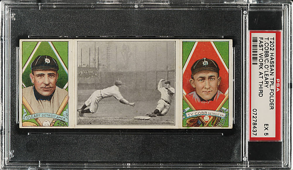 1912 T202 Hassan Triple Folder "Fast Work at Third" Ty Cobb/O'Leary PSA EX 5