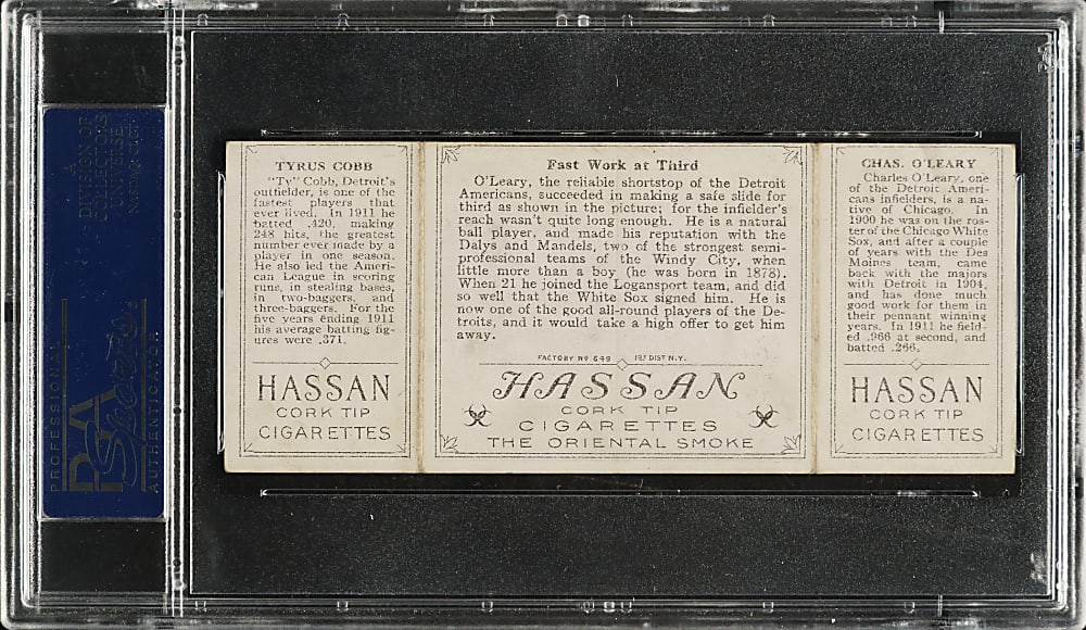 1912 T202 Hassan Triple Folder "Fast Work at Third" Ty Cobb/O'Leary PSA EX 5