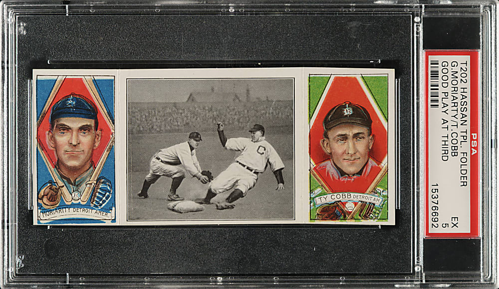 1912 T202 Hassan Triple Folder "Good Play At Third" Ty Cobb/Moriarty PSA EX 5