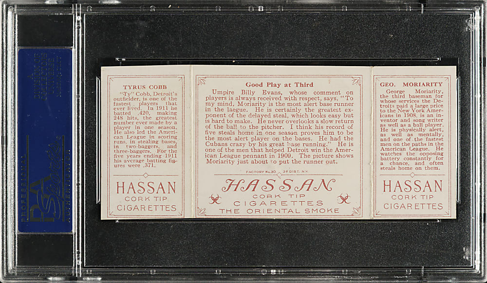1912 T202 Hassan Triple Folder "Good Play At Third" Ty Cobb/Moriarty PSA EX 5