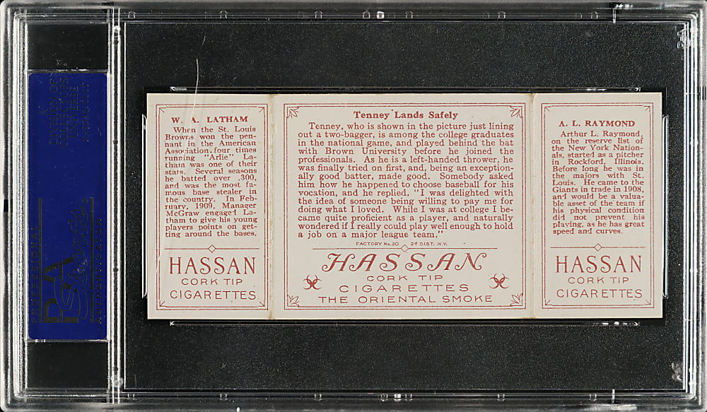 1912 T202 Hassan Triple Folder "Tenney Lands Safely" Raymond/Latham PSA NM-MT 8 - Highest Graded!