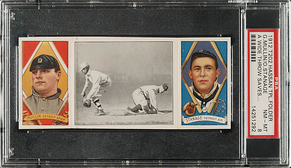 1912 T202 Hassan Triple Folder "A Wide Throw Saves Crawford" Stanage/Mullin PSA NM-MT 8 - Highest Graded!