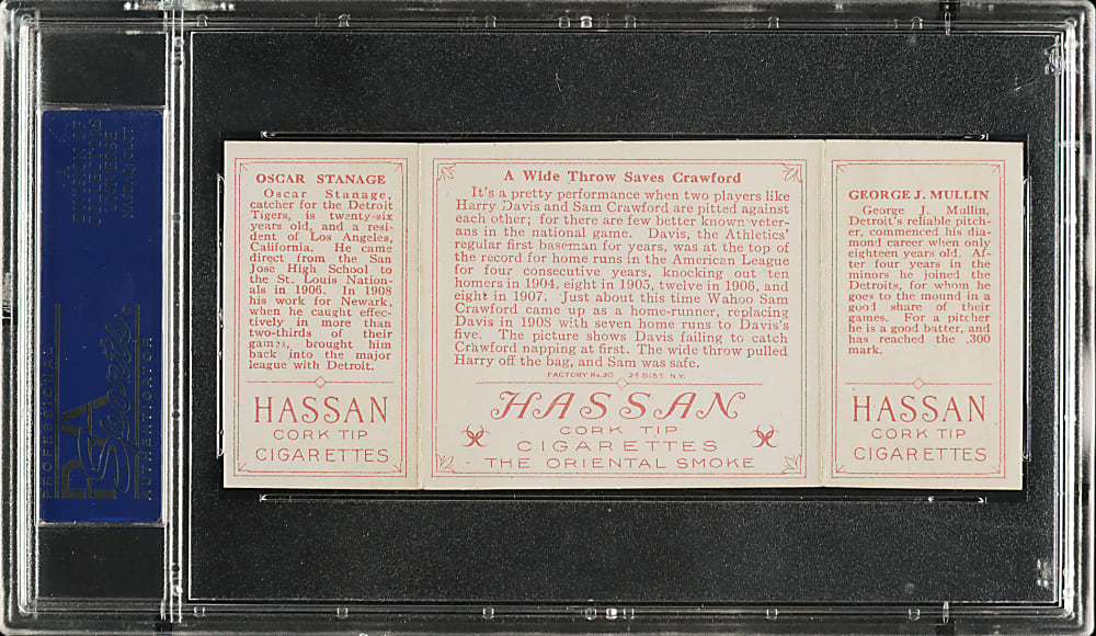 1912 T202 Hassan Triple Folder "A Wide Throw Saves Crawford" Stanage/Mullin PSA NM-MT 8 - Highest Graded!