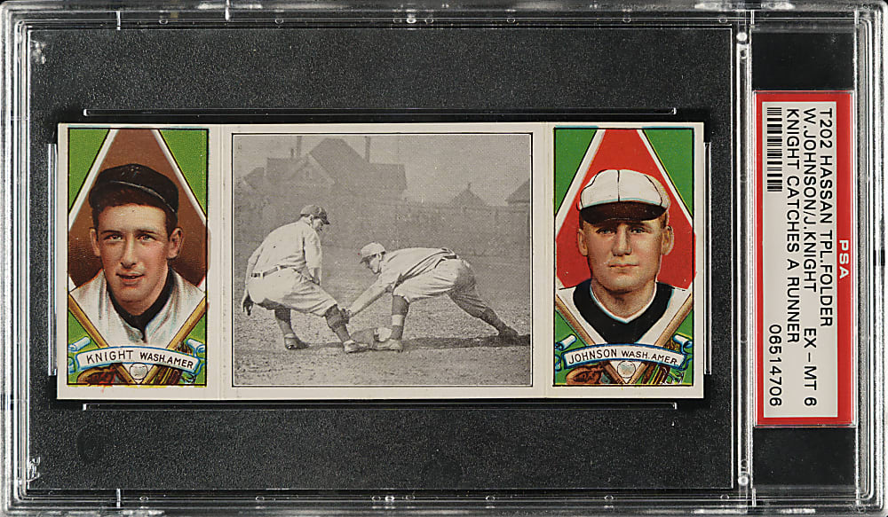 1912 T202 Hassan Triple Folder "Knight Catches a Runner" Walter Johnson/Knight PSA EX-MT 6