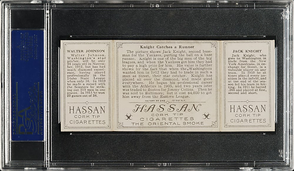 1912 T202 Hassan Triple Folder "Knight Catches a Runner" Walter Johnson/Knight PSA EX-MT 6