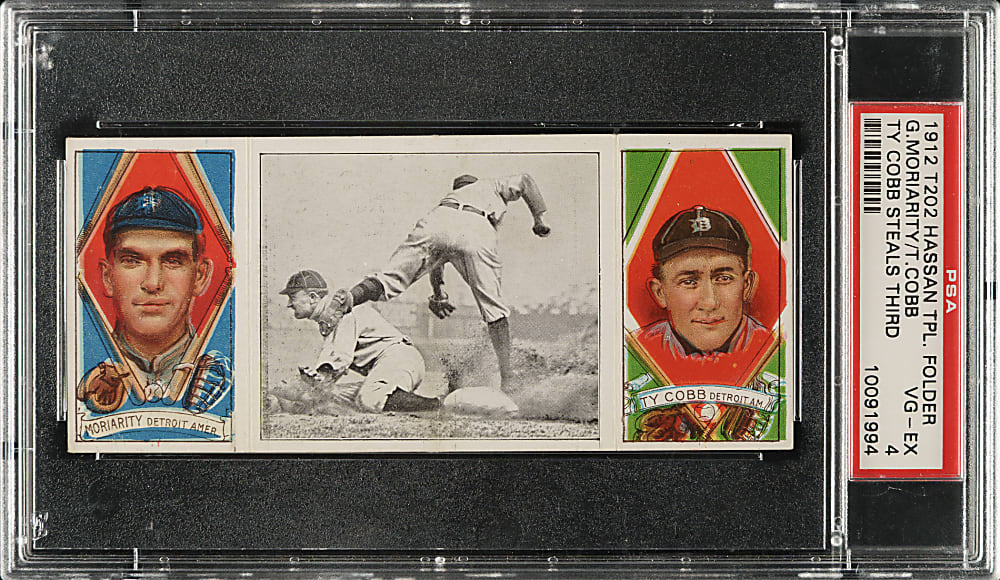 1912 T202 Hassan Triple Folder "Ty Cobb Steals Third" Ty Cobb/Moriarty PSA VG-EX 4