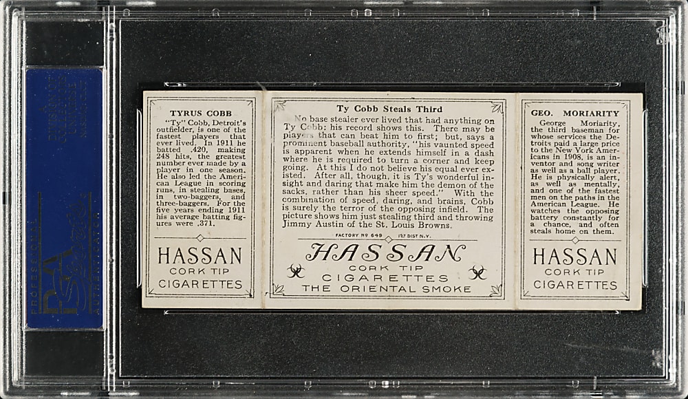 1912 T202 Hassan Triple Folder "Ty Cobb Steals Third" Ty Cobb/Moriarty PSA VG-EX 4