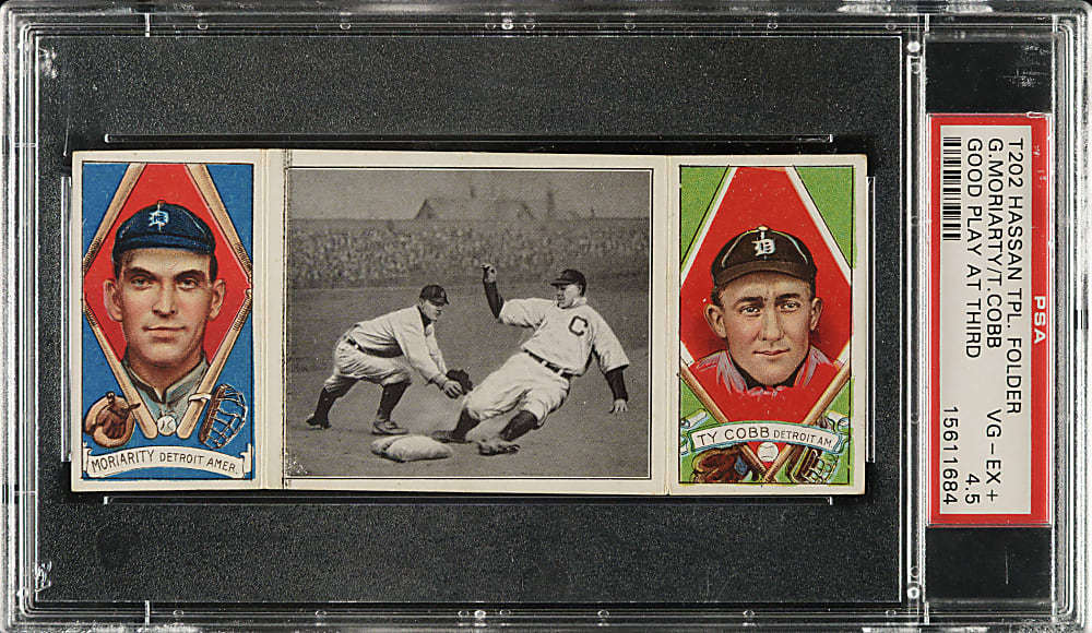 1912 T202 Hassan Triple Folder "Good Play At Third" Ty Cobb/Moriarty PSA VG-EX+ 4.5