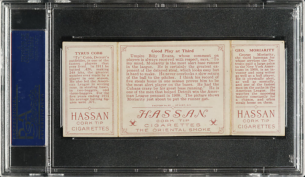 1912 T202 Hassan Triple Folder "Good Play At Third" Ty Cobb/Moriarty PSA VG-EX+ 4.5