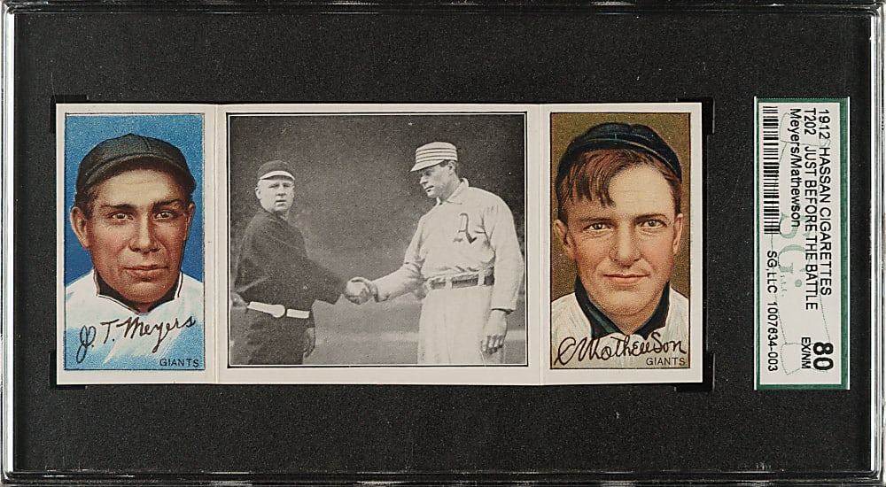 1912 T202 Hassan Triple Folder "Just Before The Battle" Christy Mathewson/Meyers SGC EX/NM 80