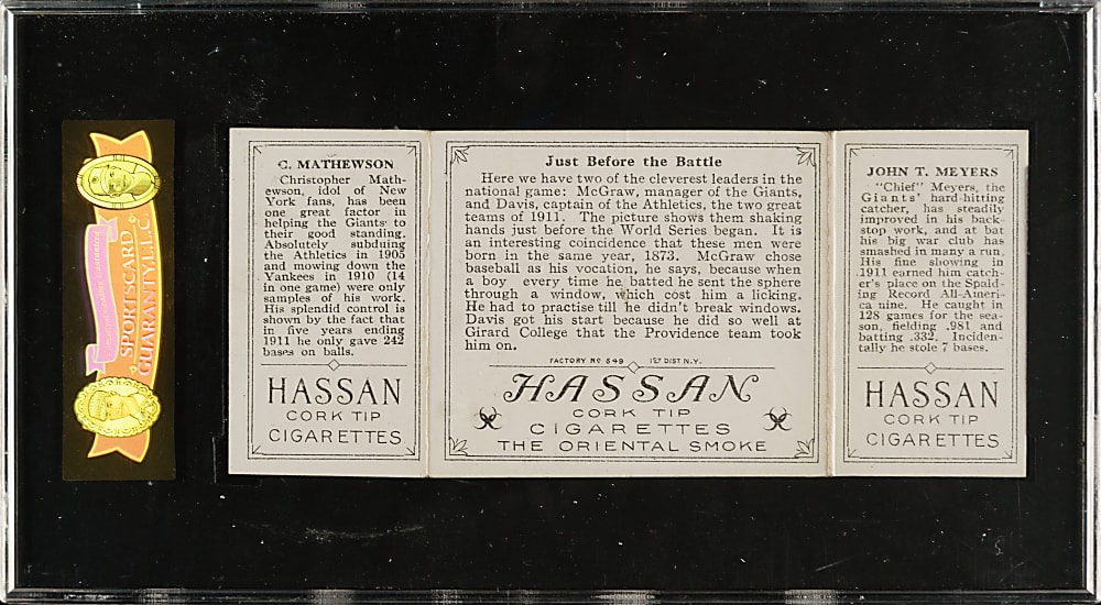 1912 T202 Hassan Triple Folder "Just Before The Battle" Christy Mathewson/Meyers SGC EX/NM 80