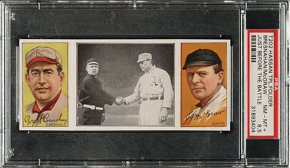 1912 T202 Hassan Triple Folder "Just Before the Battle" Roger Bresnahan/John McGraw PSA NM-MT+ 8.5 - 1 of 1 - Highest Graded!