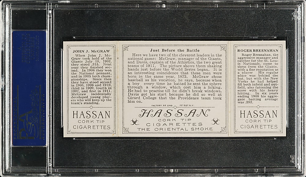 1912 T202 Hassan Triple Folder "Just Before the Battle" Roger Bresnahan/John McGraw PSA NM-MT+ 8.5 - 1 of 1 - Highest Graded!