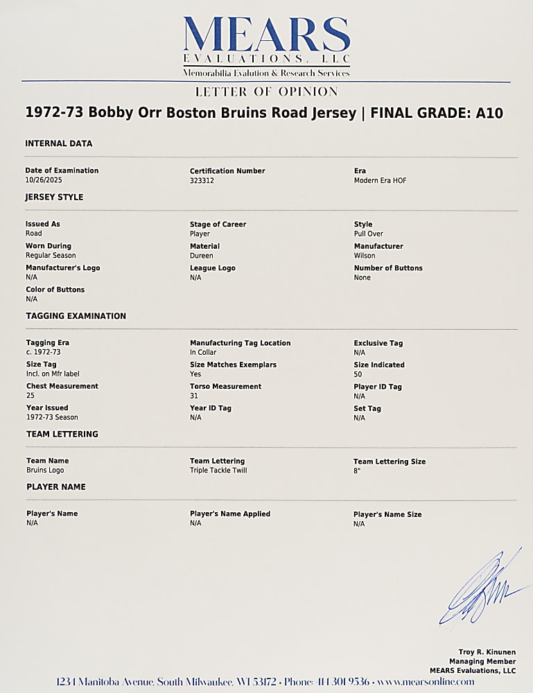 1972-1973 Bobby Orr Boston Bruins Game-Used Road Jersey MEARS A10