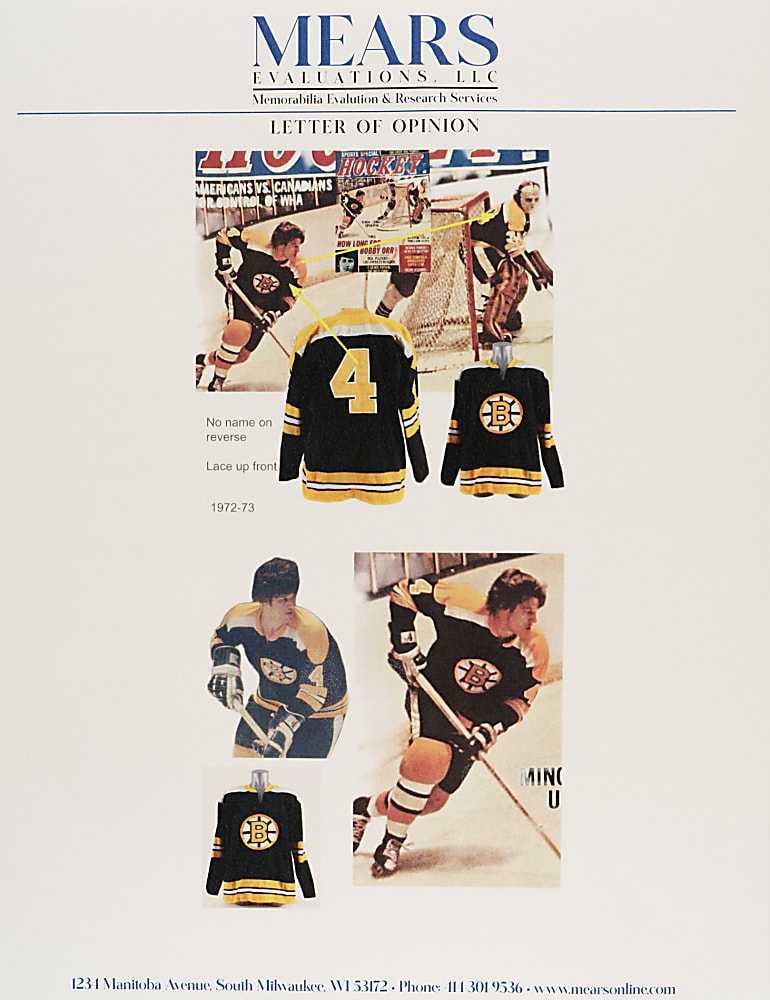 1972-1973 Bobby Orr Boston Bruins Game-Used Road Jersey MEARS A10