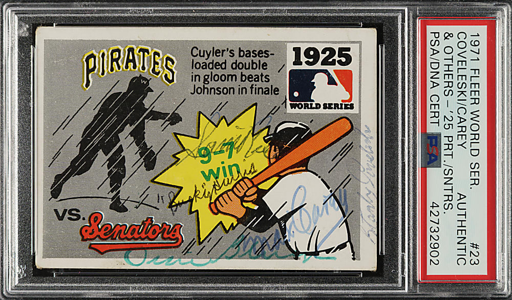 Signed 1971 Fleer World Series #23 Pirates vs. Senators with Coveleski, Rice, Harris and Carey - PSA/DNA