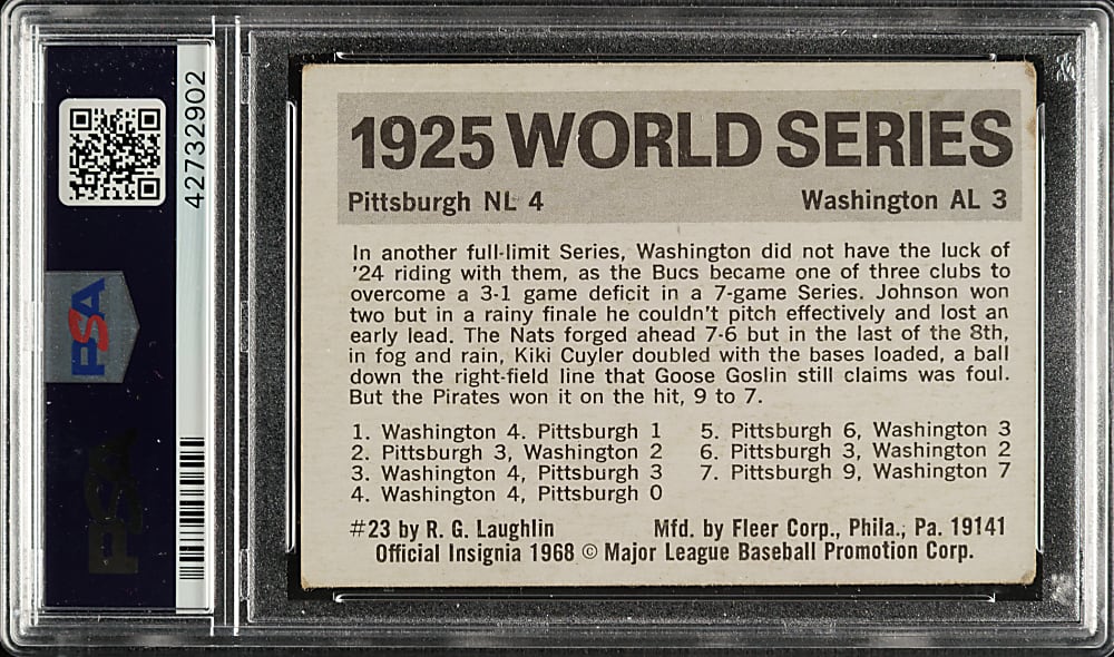 Signed 1971 Fleer World Series #23 Pirates vs. Senators with Coveleski, Rice, Harris and Carey - PSA/DNA