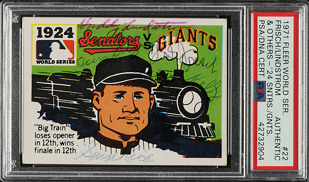 Signed 1971 Fleer World Series #22 Senators vs. Giants with Lindstrom, Frisch, Rice, Carey, Terry and Kelly - PSA/DNA