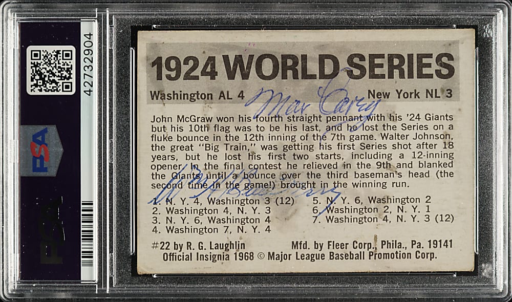 Signed 1971 Fleer World Series #22 Senators vs. Giants with Lindstrom, Frisch, Rice, Carey, Terry and Kelly - PSA/DNA