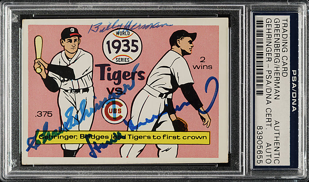 Signed 1970 Fleer World Series #32 Tigers vs. Cubs with Greenberg, Gehringer, and Herman - PSA/DNA