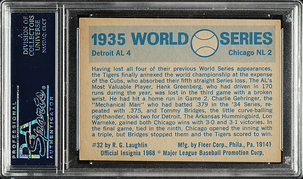 Signed 1970 Fleer World Series #32 Tigers vs. Cubs with Greenberg, Gehringer, and Herman - PSA/DNA