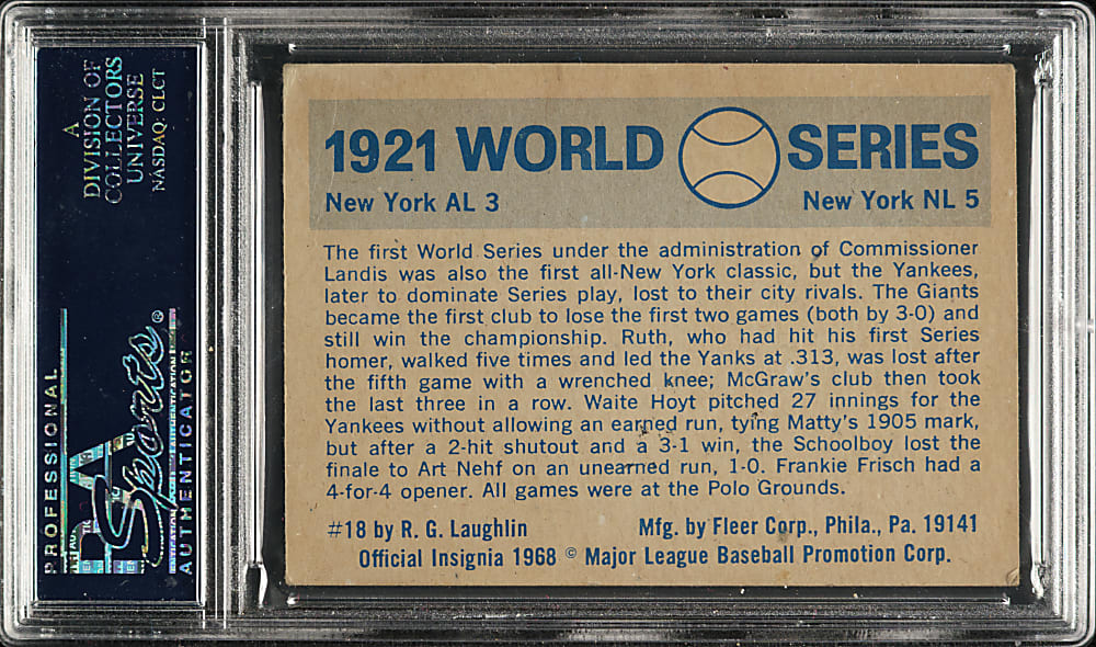 Signed 1970 Fleer World Series #18 Giants vs. Yankees with Casey Stengel and Waite Hoyt - PSA/DNA