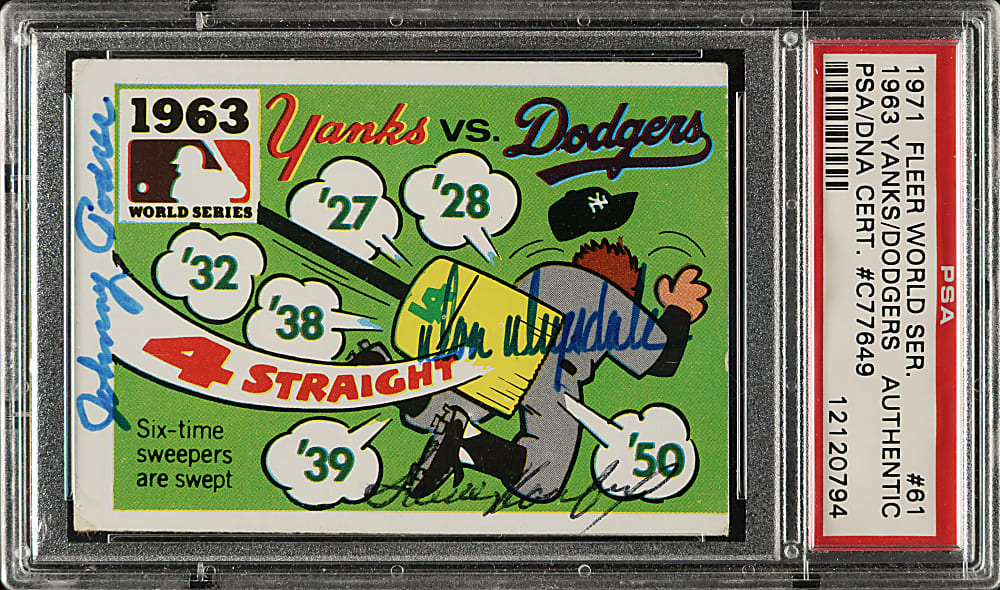 Signed 1971 Fleer World Series #61 Yankees vs. Dodgers with Drysdale, Koufax and Podres - PSA/DNA